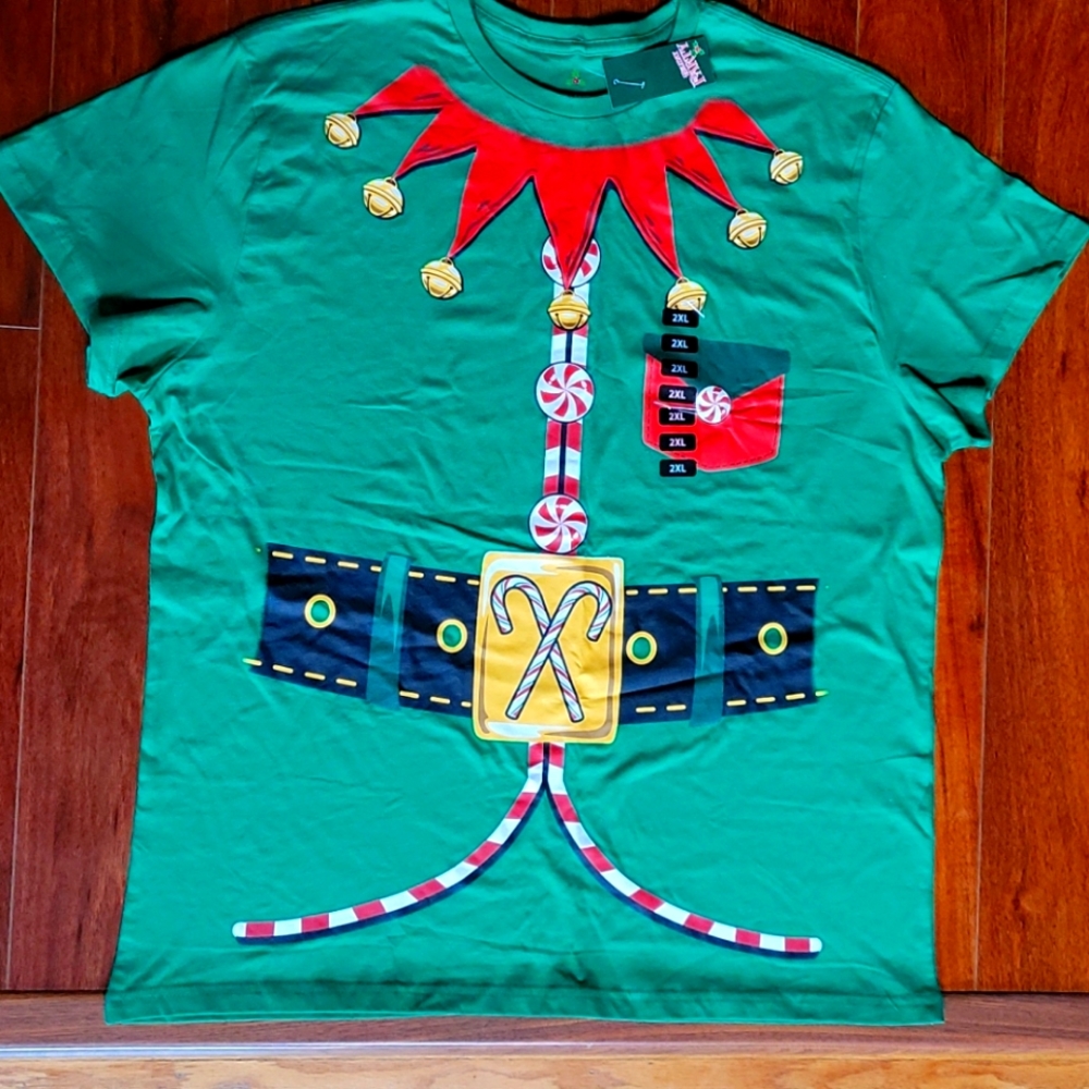 Holiday Party Elf  T-Shirt  Green    100% Cotton  Christmas Crew Neck  Men's 2XL